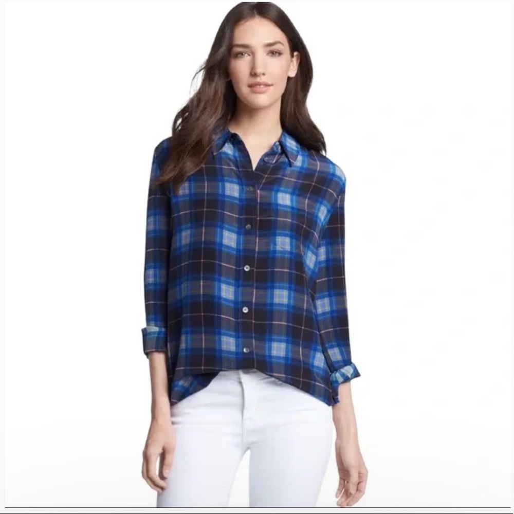 🚫 SOLD| Equipment Reese Long Sleeve Silk Shirt Blue Black Plaid XS